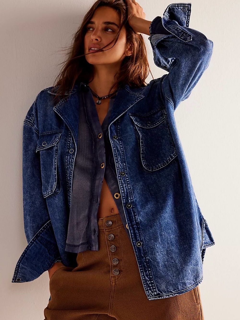 Free People Dark Blue Denim shirt 100% cotton size medium